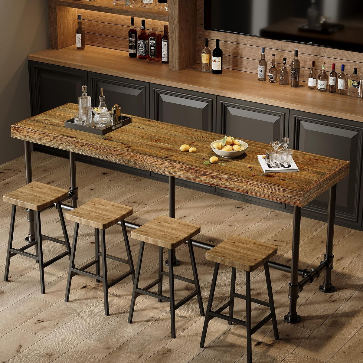 70.9-Inch Long Solid Wood Bar Table for 6-8 People, Industrial Narrow Counter Height Pub Table with Metal Footrest, Rectangular High Top Bar Unit for Kitchen Dining, Rustic Brown(Table Only)