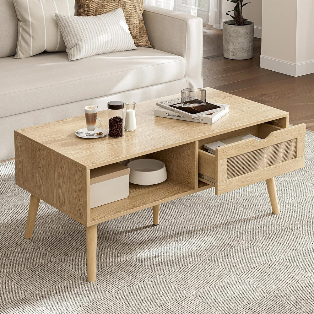ZttRiee Rattan Coffee Table with Drawer, Boho, Natural