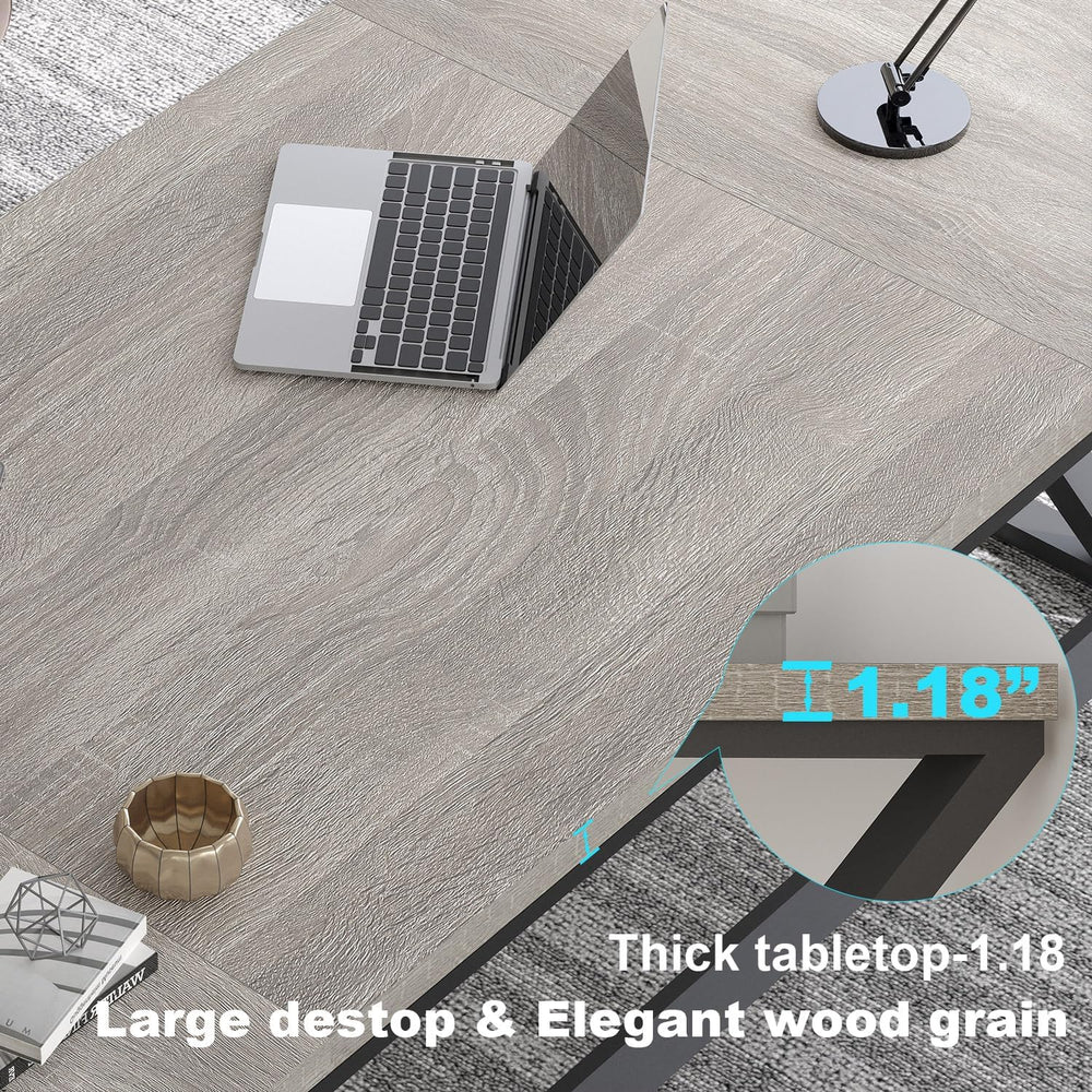 LVB Modern Long Office Desk, Large Wood Computer Desk Light Grey Oak 79 in