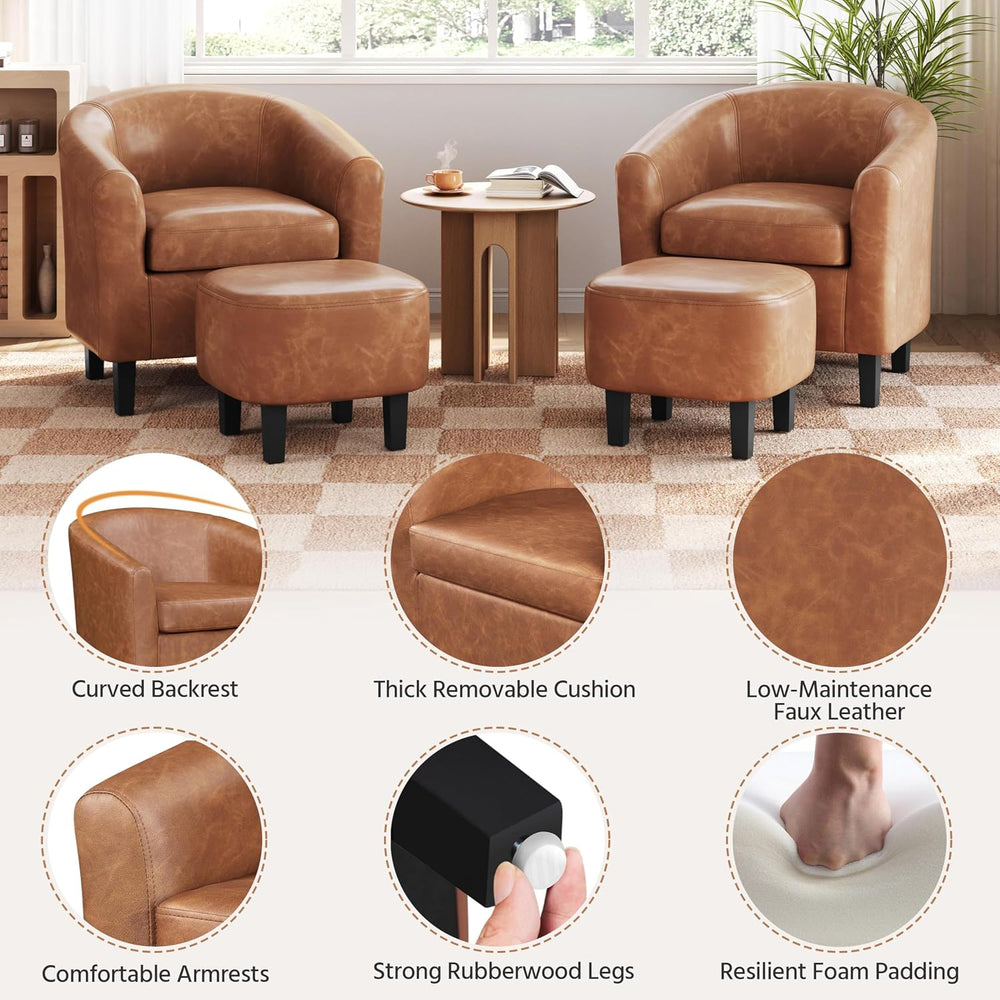 Yaheetech Accent Chairs with Ottoman, Faux Leather Barrel Chairs, Brown