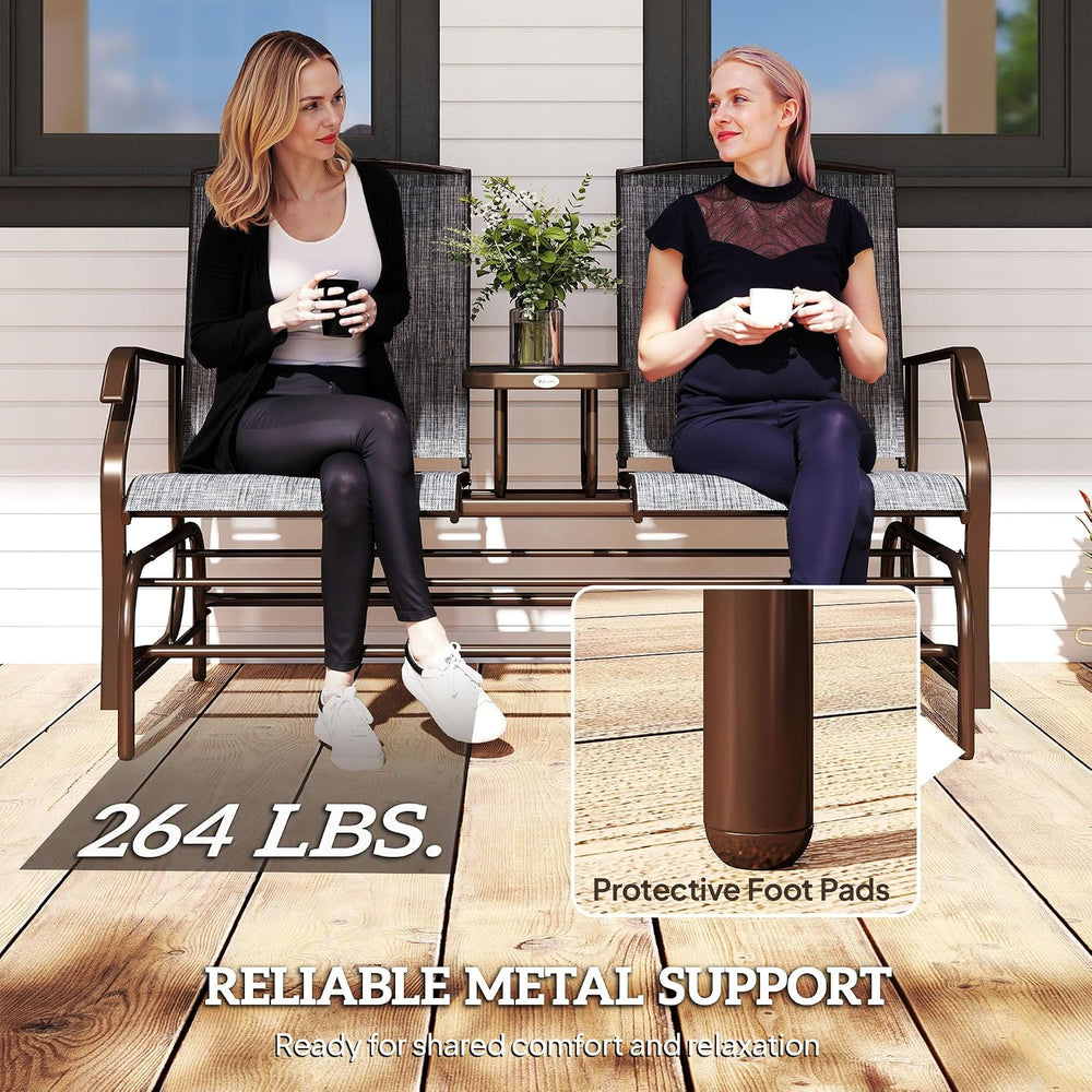 Outsunny Outdoor Glider Bench with Center Table Metal Frame Armrests Gray