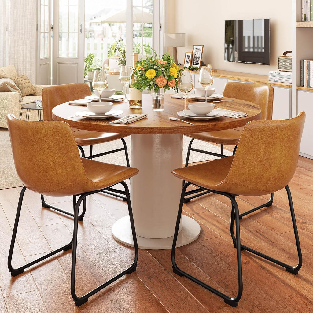 REONEY Dining Chairs Set of 6, 18" PU Leather Dinner Chairs, Brown