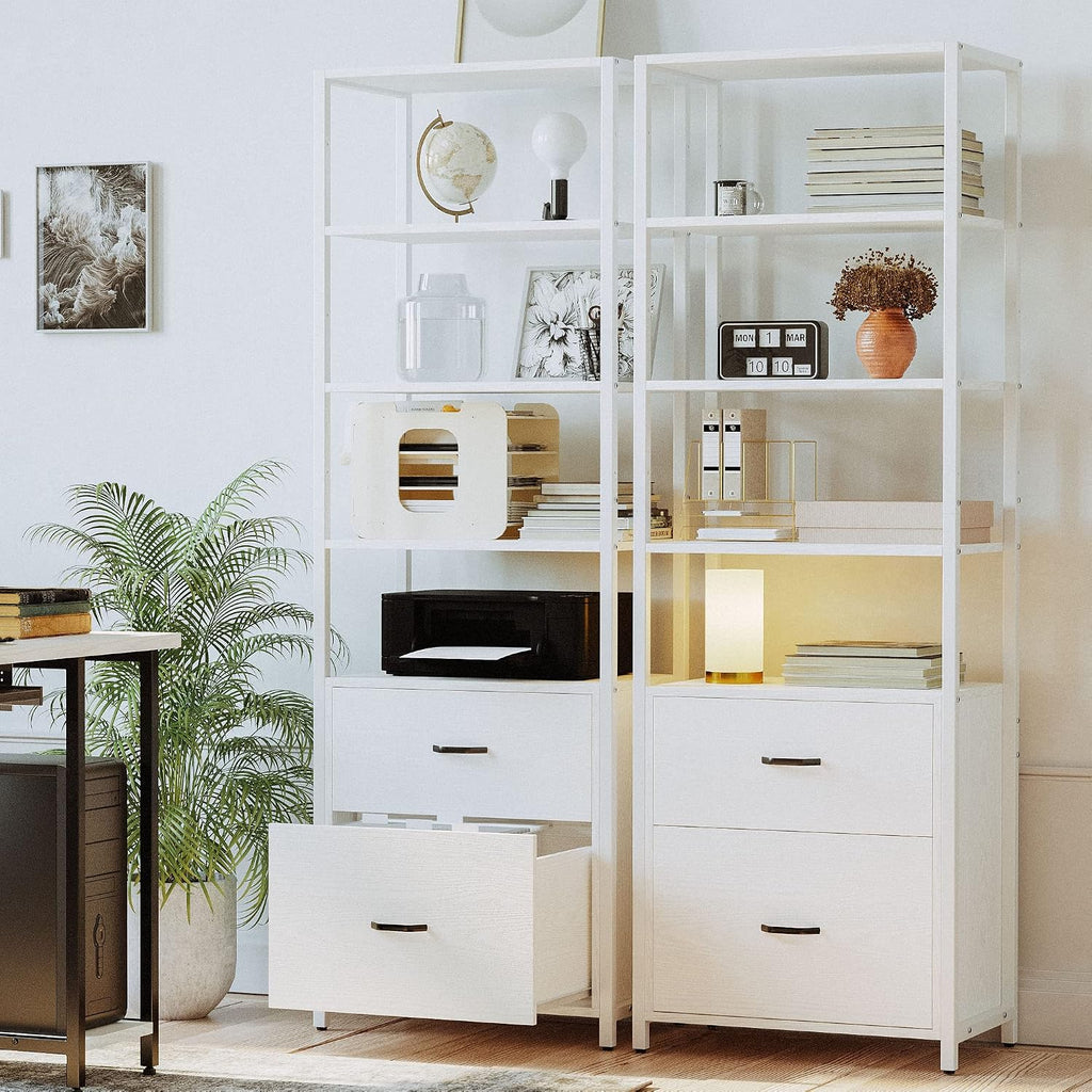 ironck industrial bookcase with file cabinet drawers, white, close-up detail
