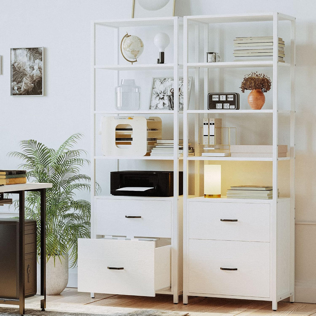 ironck industrial bookcase with file cabinet drawers, white, close-up detail