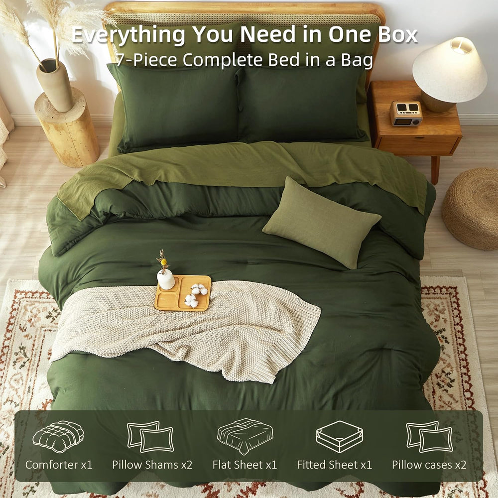 Prewashed King Size Comforter Set 7 Pieces, Dark Green Bed Set