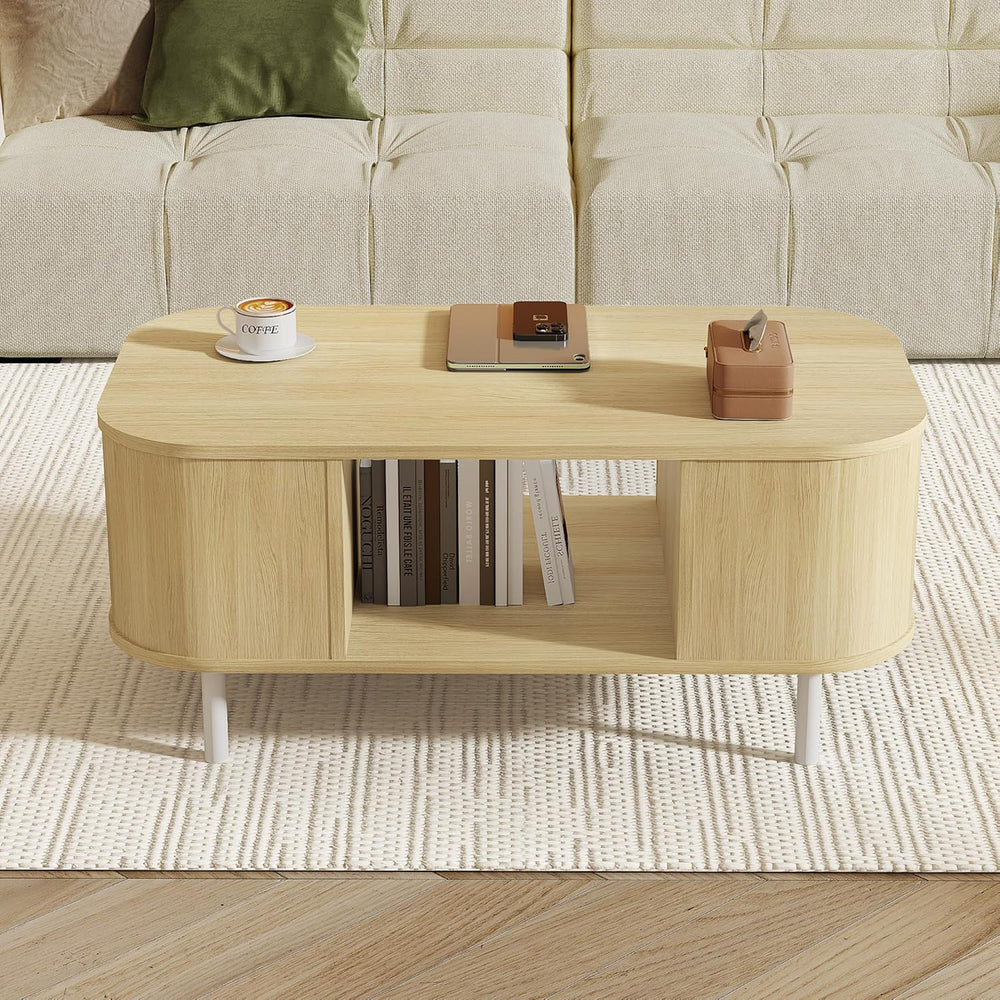 FROMJBEST 39.17" Oval Coffee Table with Sliding Doors, Mid-Century, Oak