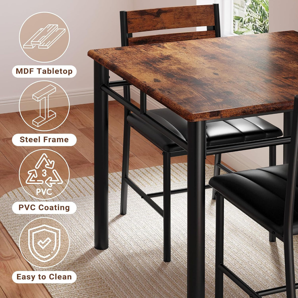 IRONCK Dining Table Set for 2, Rustic Brown | Small Kitchen Table with Upholstered Chairs, Compact Dining Set for Small Spaces, Kitchen & Dining Room
