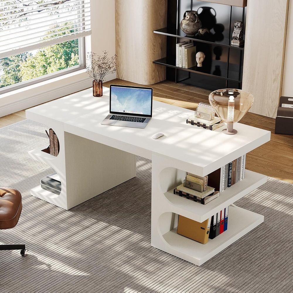 Tribesigns White Executive Office Desk, 63" Computer Desk with Storage S...