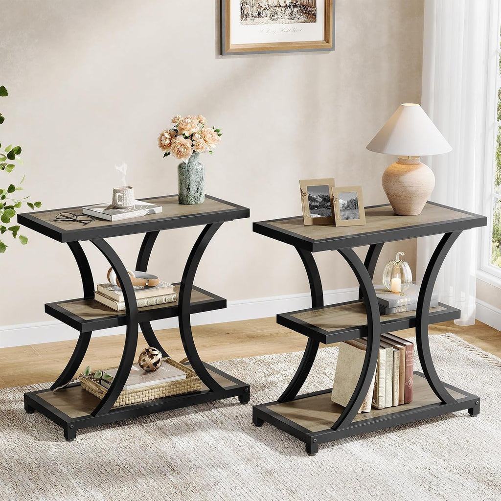 Tribesigns End Table with Storage, 3-Tier Side Table with Geometric Metal Design, Industrial Nightstand for Small Spaces, Living Room, Bedroom, Study Room (Grey)