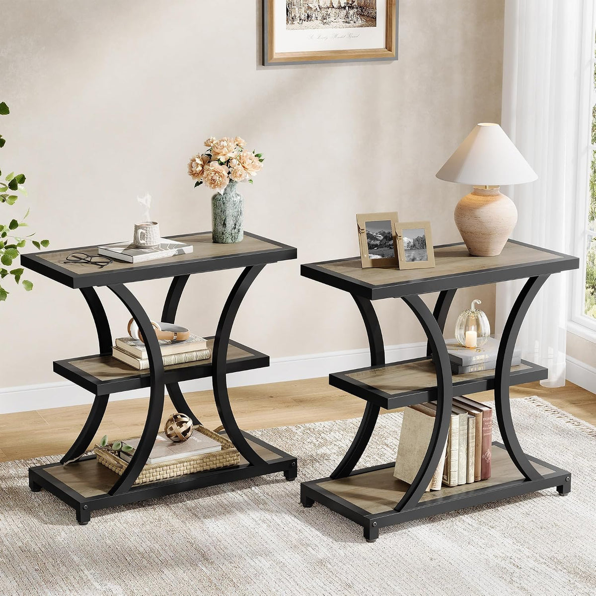 Tribesigns End Table with Storage, 3-Tier Side Table with Geometric Metal Design, Industrial Nightstand for Small Spaces, Living Room, Bedroom, Study Room (Grey)
