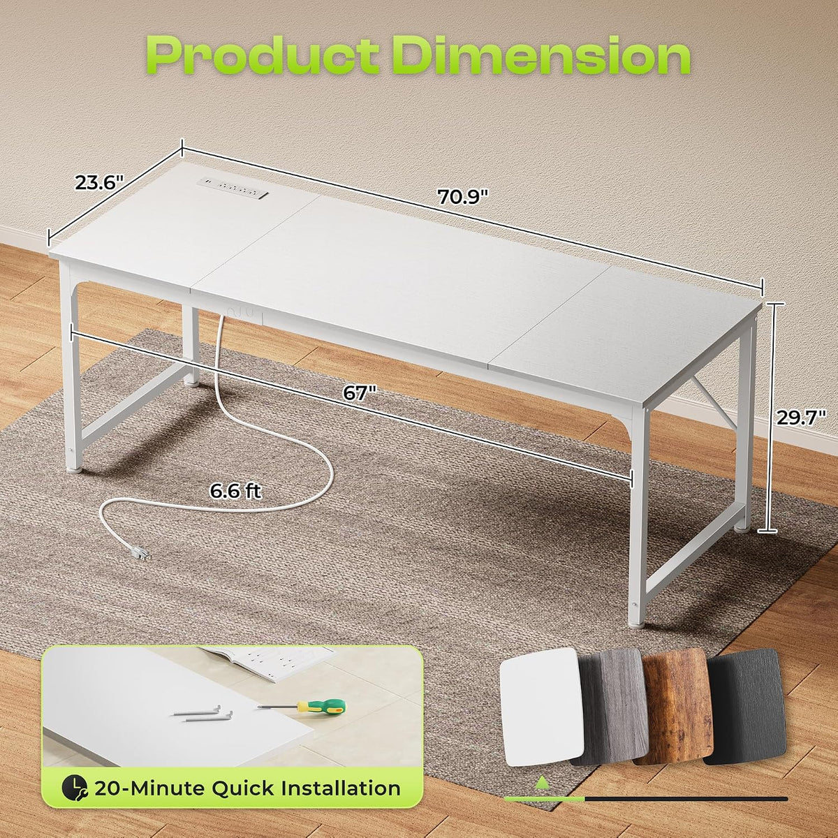 PRAISUN 70 x 24 Inch Computer Desk with Power Outlets & USB-C, White