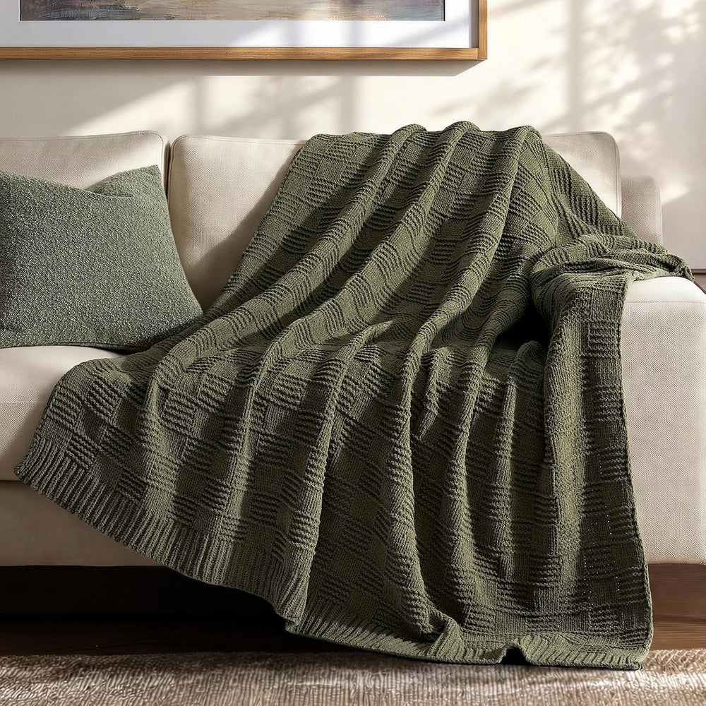 EVERGRACEHOME Modern Checkered Chenille Throw Blanket, 50x60, Olive Green