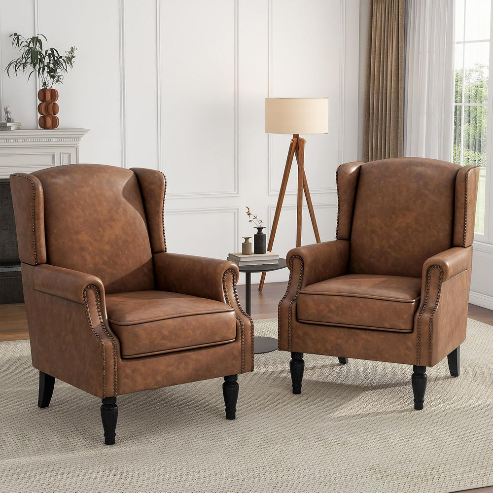 High Back Accent Chairs Set of 2, PU Leather Wingback Armchair, Brown