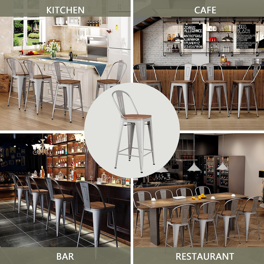 Bar Stools Set of 4, 30" Metal Bar Height Stools with Back Silver
