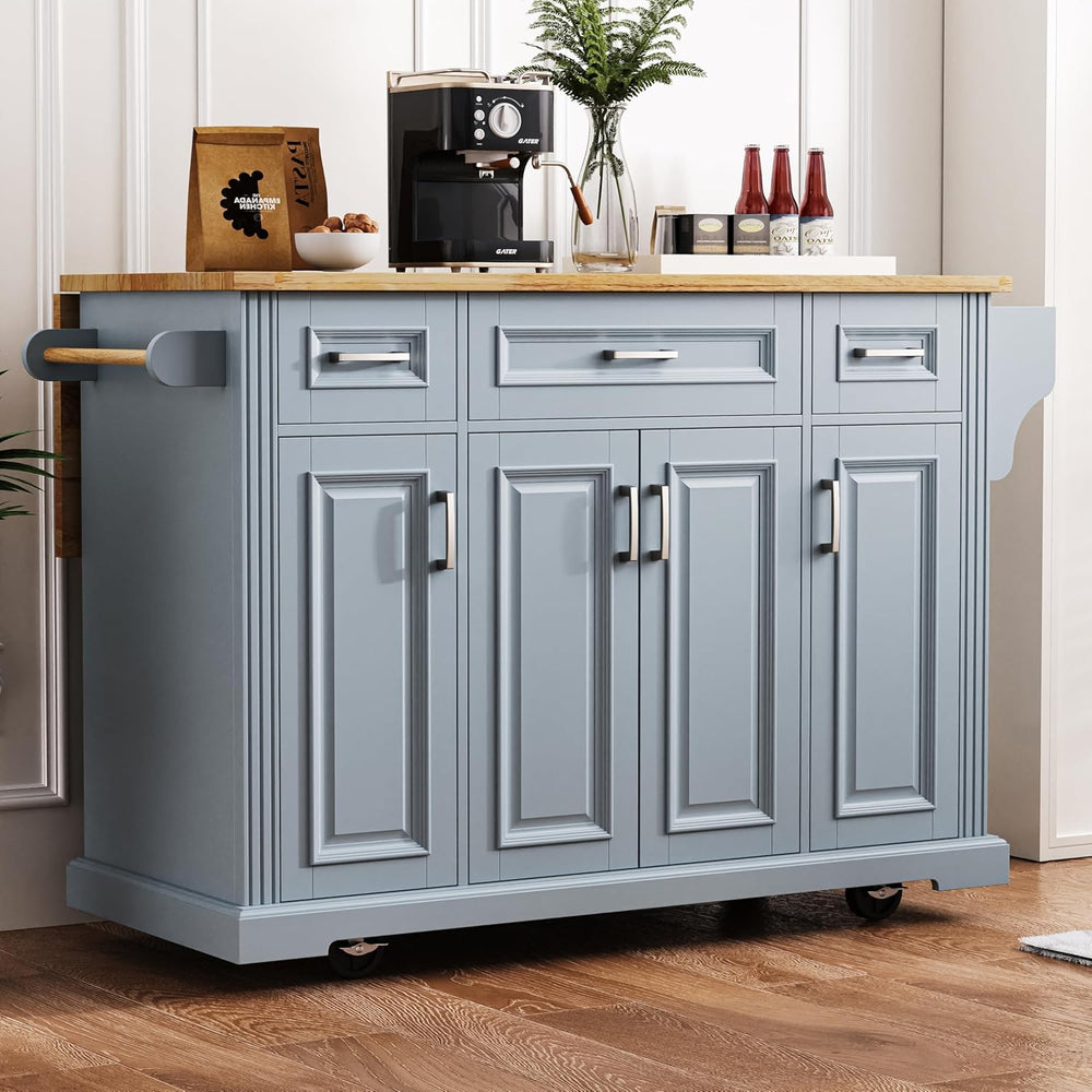 54" Gray Blue Kitchen Island with 3 Drawers, Drop Leaf and Wheels