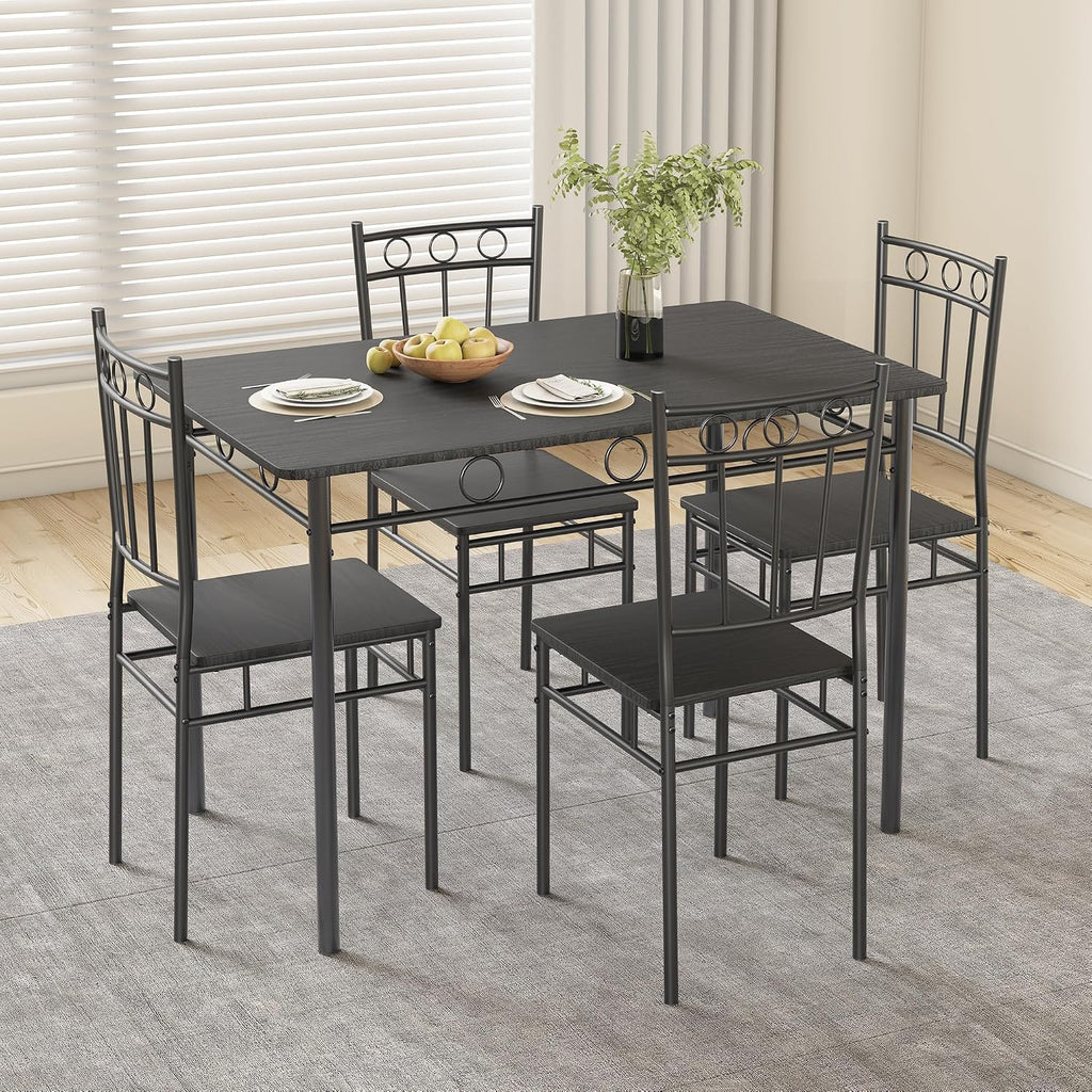 Dining Table Set for 4, 5-Piece Kitchen Table and Chairs, Rectangular Dining Room Table Set with 4 Chairs, Space-Saving Kitchen Table Set for Small Space,Dinette,Apartment,Pure Black