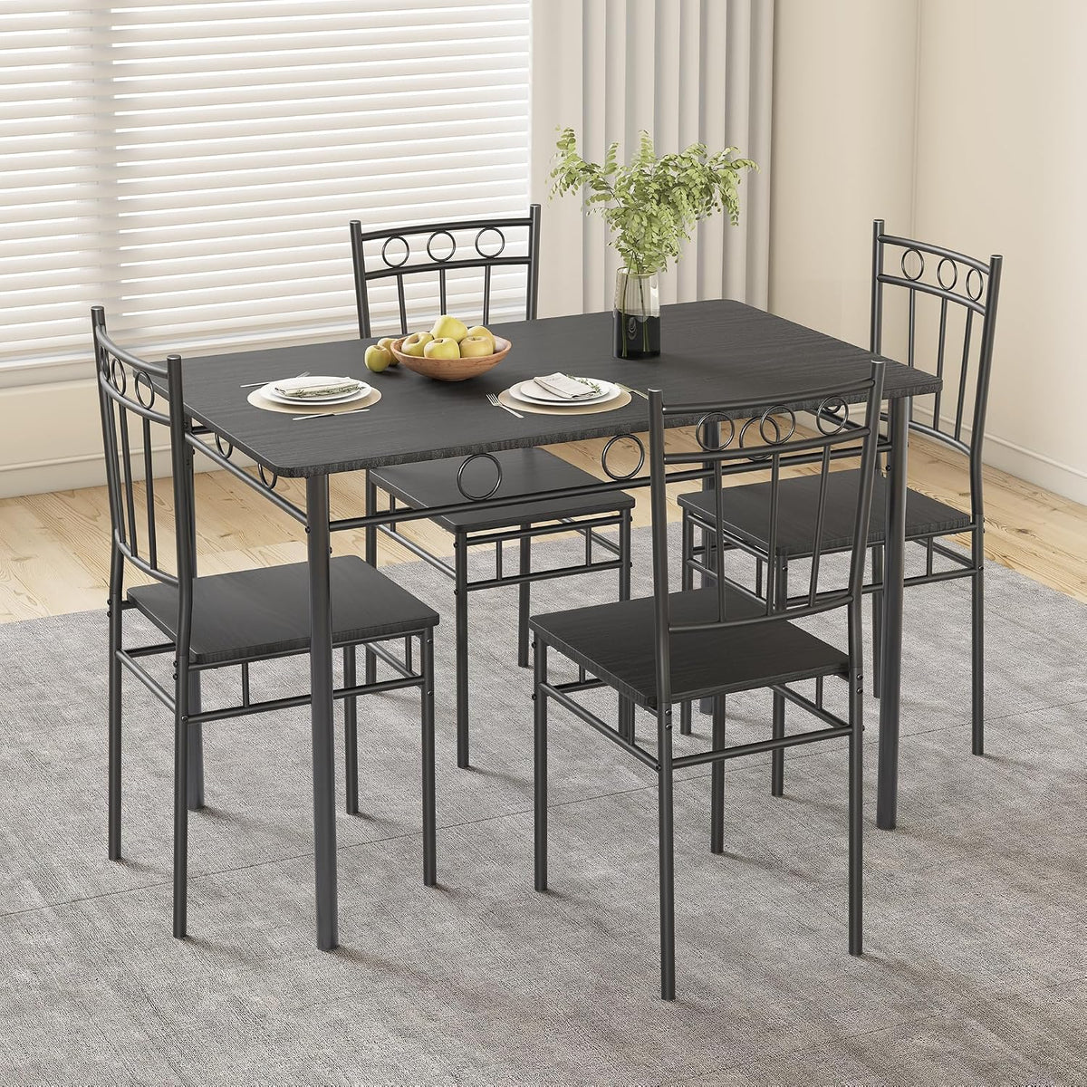 Dining Table Set for 4, 5-Piece Kitchen Table and Chairs, Rectangular Dining Room Table Set with 4 Chairs, Space-Saving Kitchen Table Set for Small Space,Dinette,Apartment,Pure Black