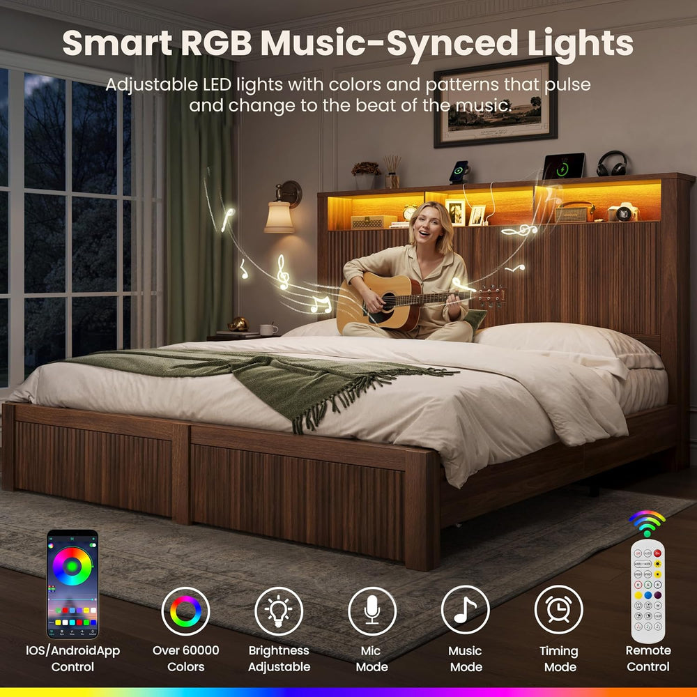 CypBed King Size Bed Frame and Headboard & 2 Storage Drawers, Walnut