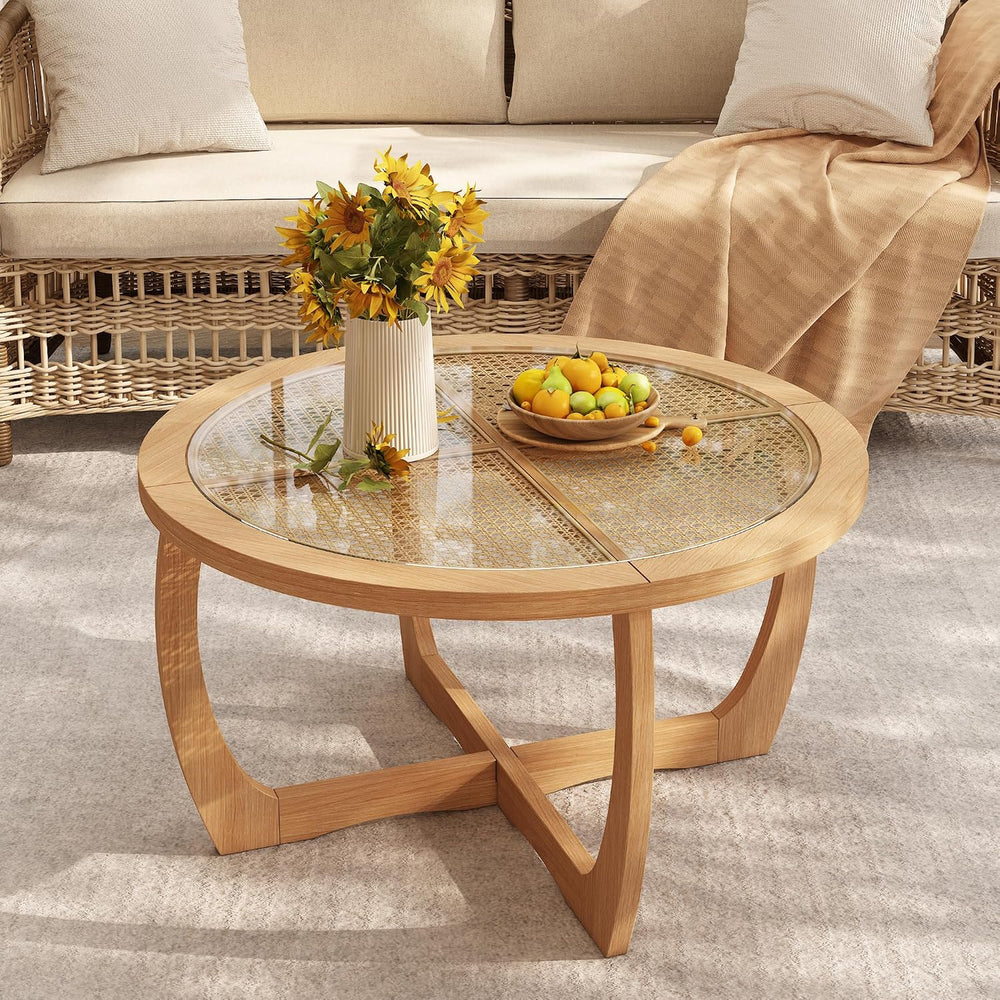PADMA HOUSE Round Wood Coffee Table with Glass Rattan Top, 32.28" x 18.1...
