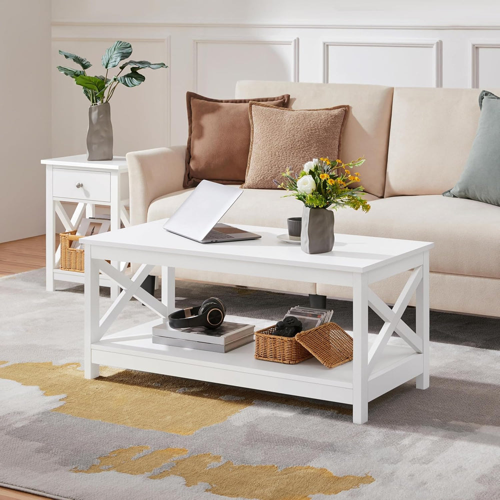 Yaheetech White Coffee Table for Living Room, X-Design Storage Shelf, 39.5"