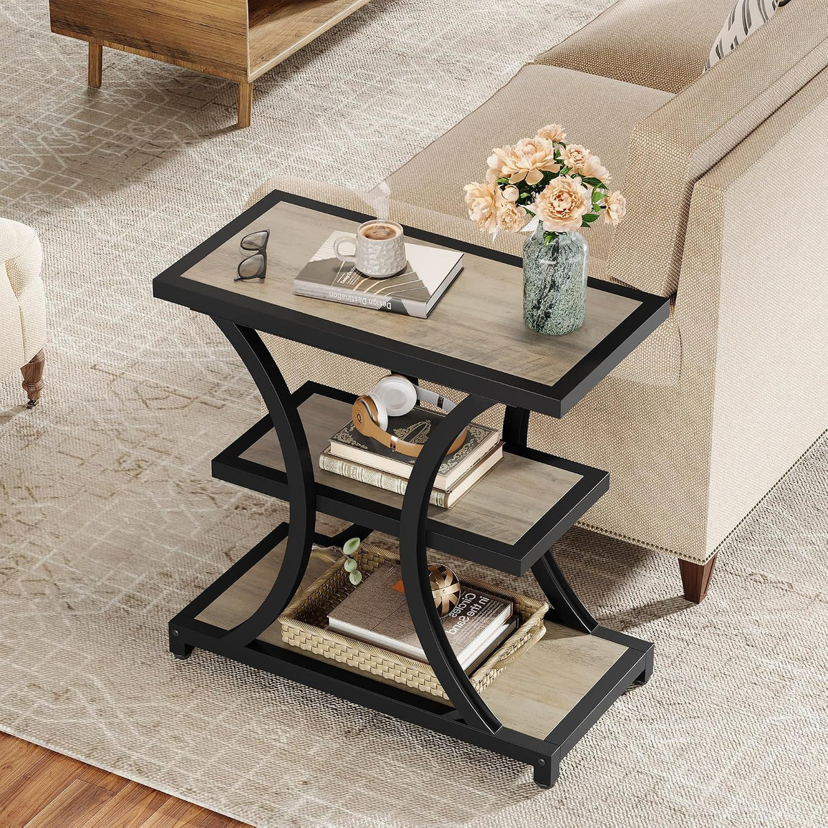 Tribesigns End Table with Storage, 3-Tier Side Table with Geometric Metal Design, Industrial Nightstand for Small Spaces, Living Room, Bedroom, Study Room (Grey)