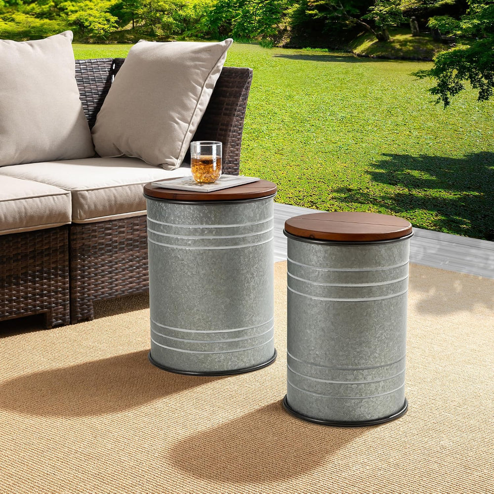 Glitzhome Farmhouse Accent Side Table, Metal Storage Stool Ottoman with Round...