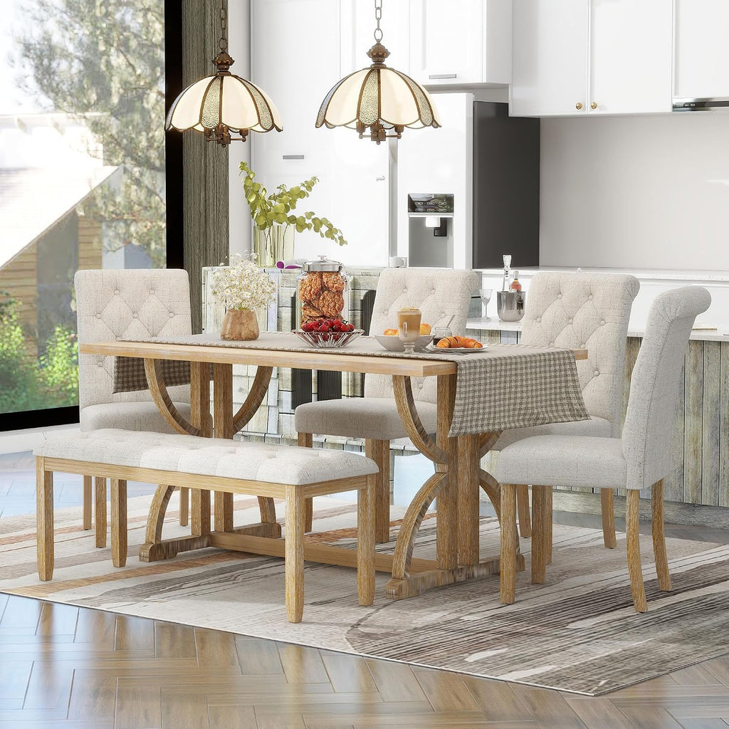 Merax 6 Piece Solid Wood Dining Table Set with Bench, Wooden Rectangular Kitchen Table Set with 4 Upholstered Chairs & 1 Bench for 6, Dining Room & Kitchen, Natural Wood Wash