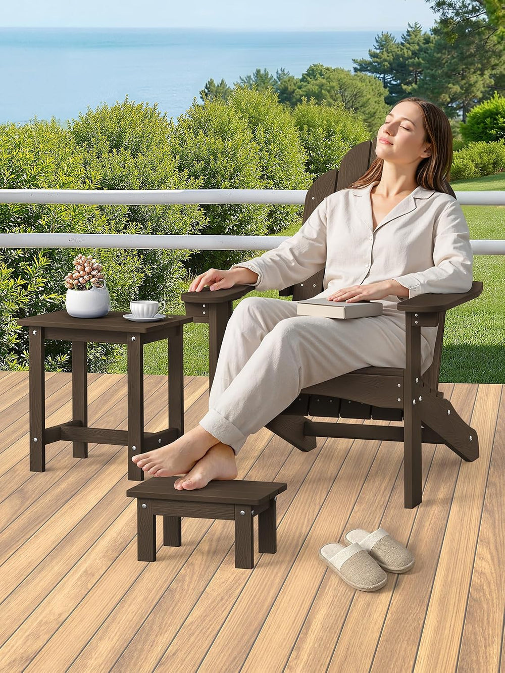 LUE BONA Small Outdoor Side Table with Removable Footstool for Patio, Brown