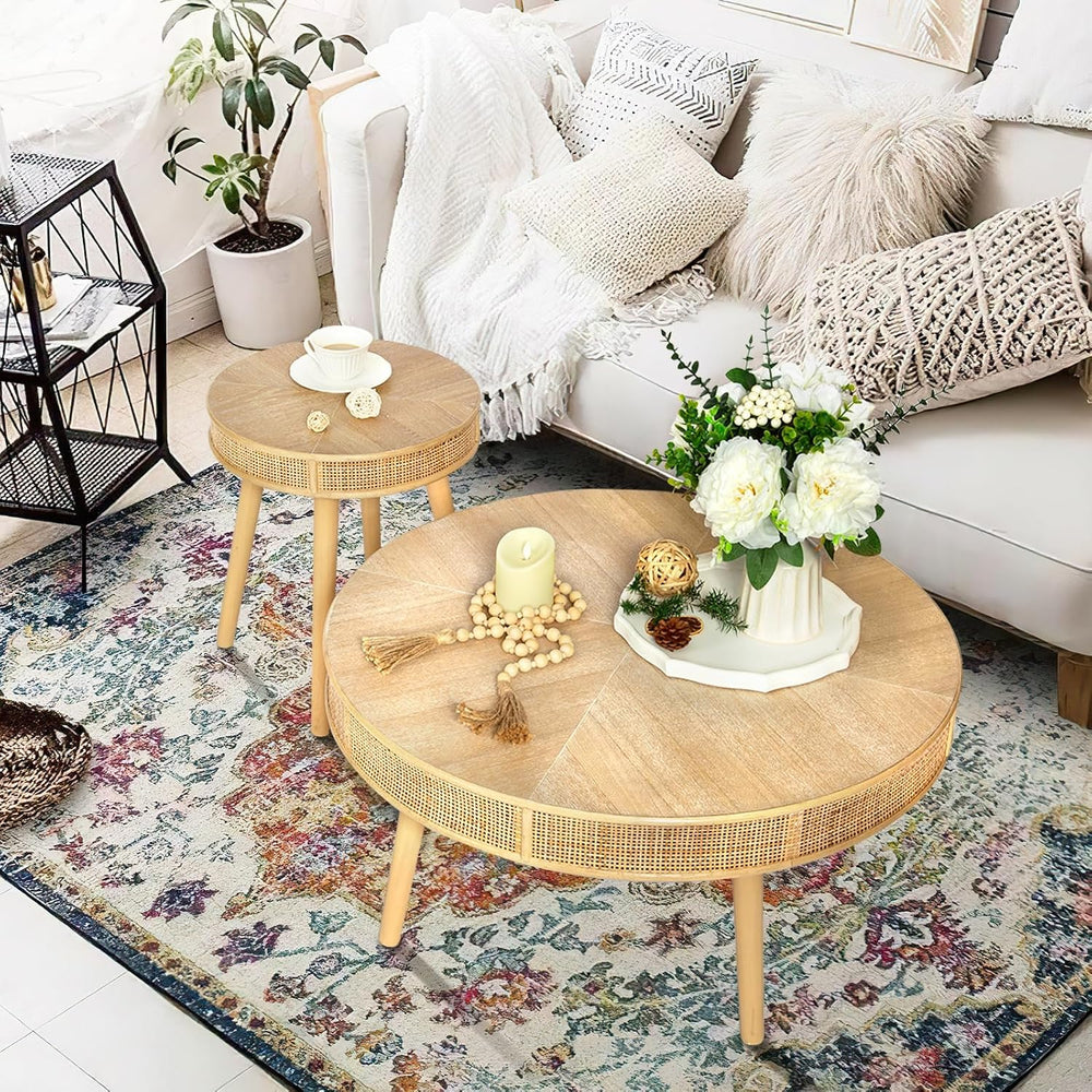 RUSTOWN 2-Piece Farmhouse Coffee Table, Modern Round Rattan Side Tables