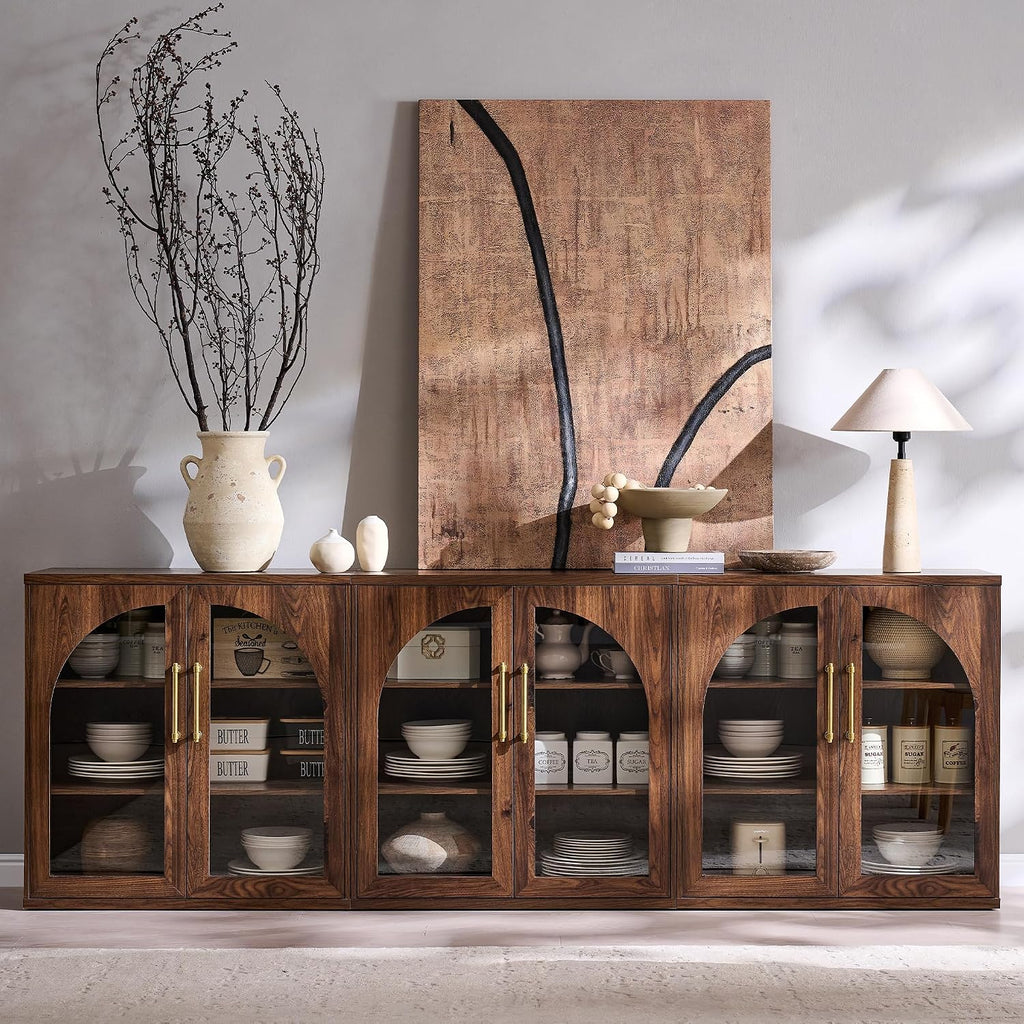 ACCOHOHO Glass Arched Door Sideboard Buffet Cabinet, Brown