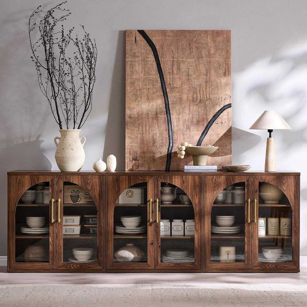 ACCOHOHO Glass Arched Door Sideboard Buffet Cabinet Set of 3, Brown