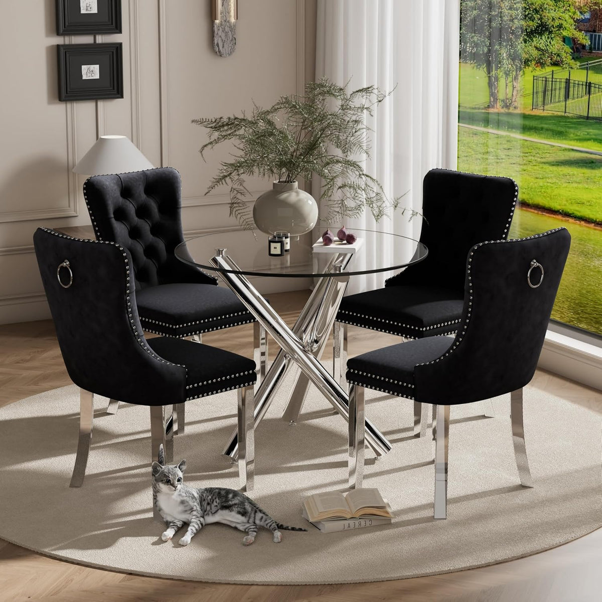 Modern Silver Round Glass Dining Table Set for 4, 36'' Luxury Minimalist Circle Dinette Room Set, 5 PCS Clear Circular Glass Top Kitchen Set, Black High-end Tufted Chairs, for Small Place