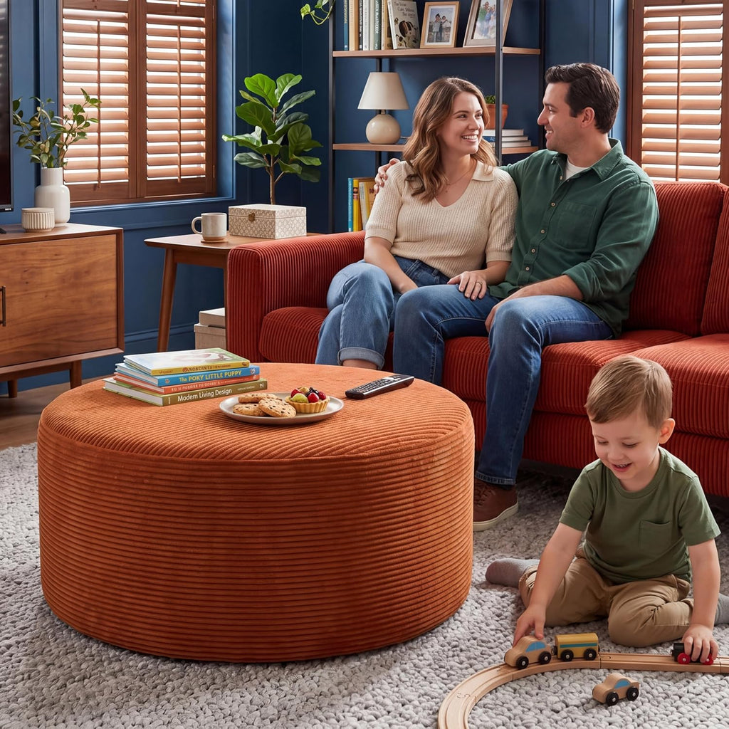 BSHOMGI Round Ottoman,Corduroy Ottomans Foot Stool, 27.5" Pouf Footstool Ottomans Seat, Round Footrest, Modern Side Table for Living Room Bedroom Home Decor No Assembly Require (Orange, 32")