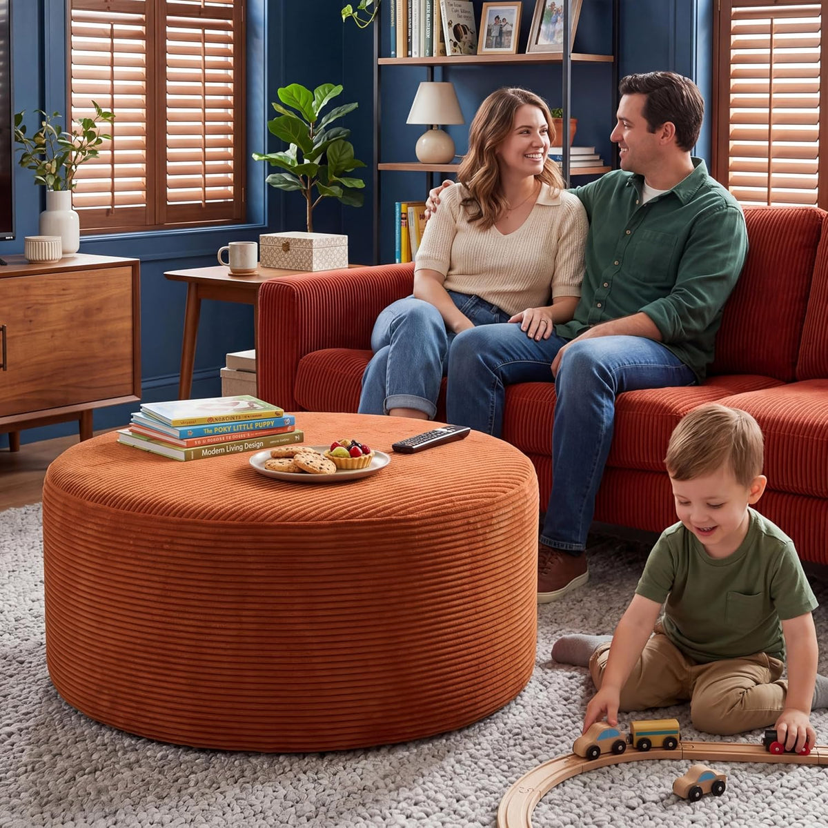 BSHOMGI Round Ottoman,Corduroy Ottomans Foot Stool, 27.5" Pouf Footstool Ottomans Seat, Round Footrest, Modern Side Table for Living Room Bedroom Home Decor No Assembly Require (Orange, 32")
