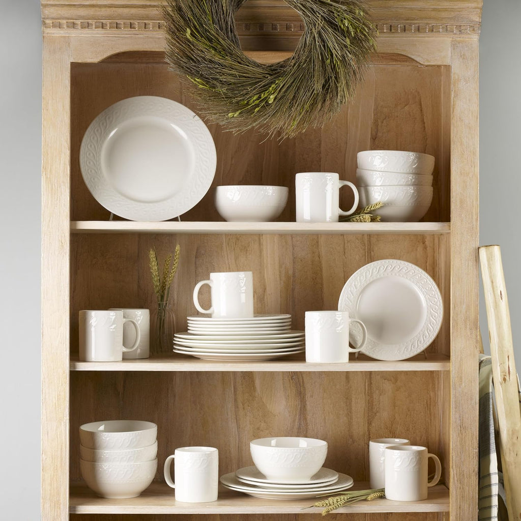 Pfaltzgraff Sylvia Dinnerware Set 32-Piece Service for 8 - White Porcelain Dinner Plates, Salad Plates, Soup Bowls and Mugs with Embossed Scrollwork
