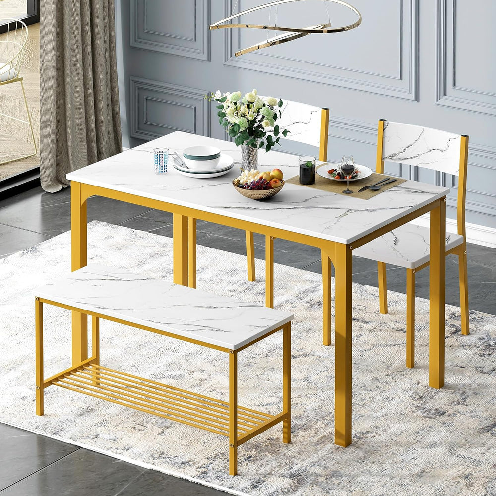 soges Kitchen Table Set for 4, Nesting Table with 2 Chairs & Bench, Marble