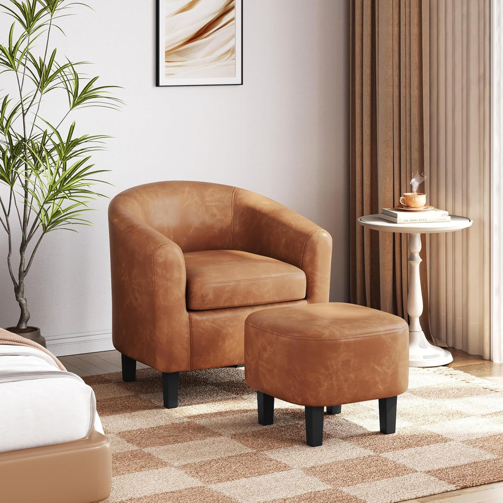 Yaheetech Accent Chairs with Ottoman, Faux Leather Barrel Chairs, Brown