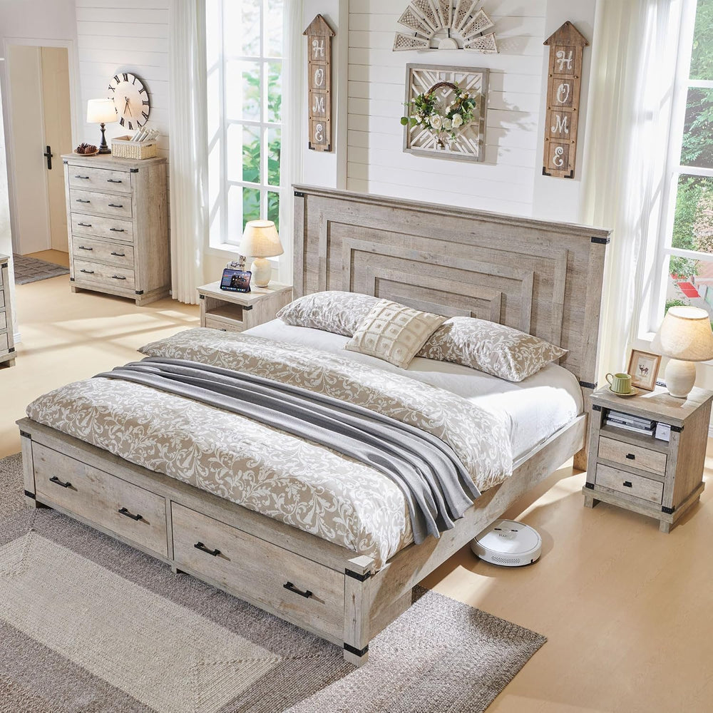 T4TREAM 54" Tall Farmhouse Queen Size Bed Frame, Light Rustic Oak