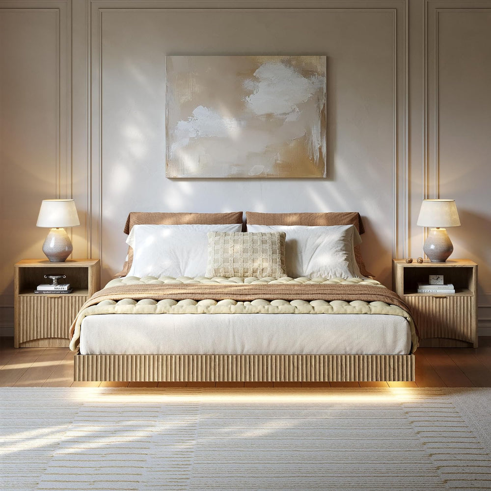 Evermagin Queen Bedroom Set, Fluted Floating Bed Frame & Nightstands, Oak