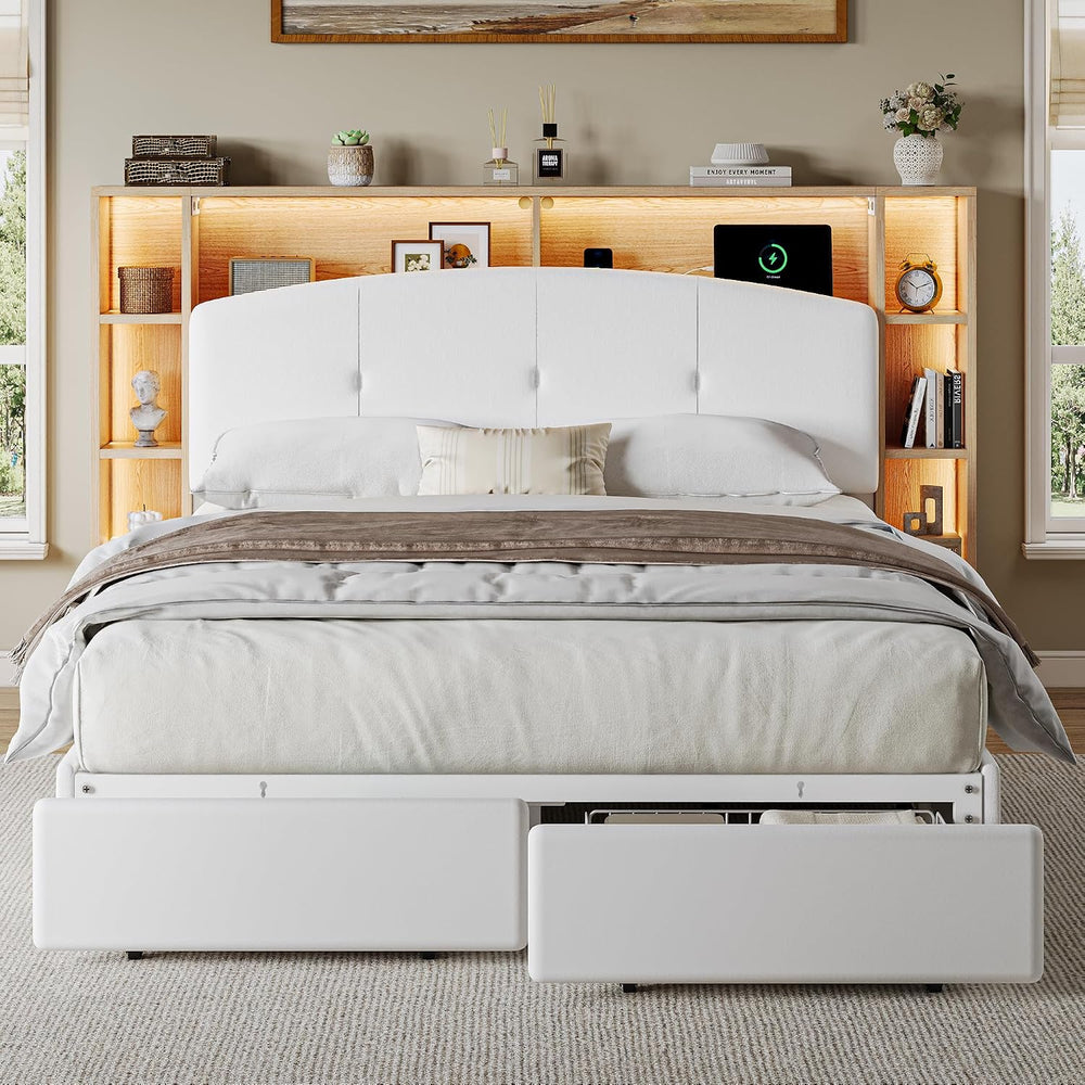 Einhomn Full Size Platform Bed Frame with 5-Tier Storage Headboard White