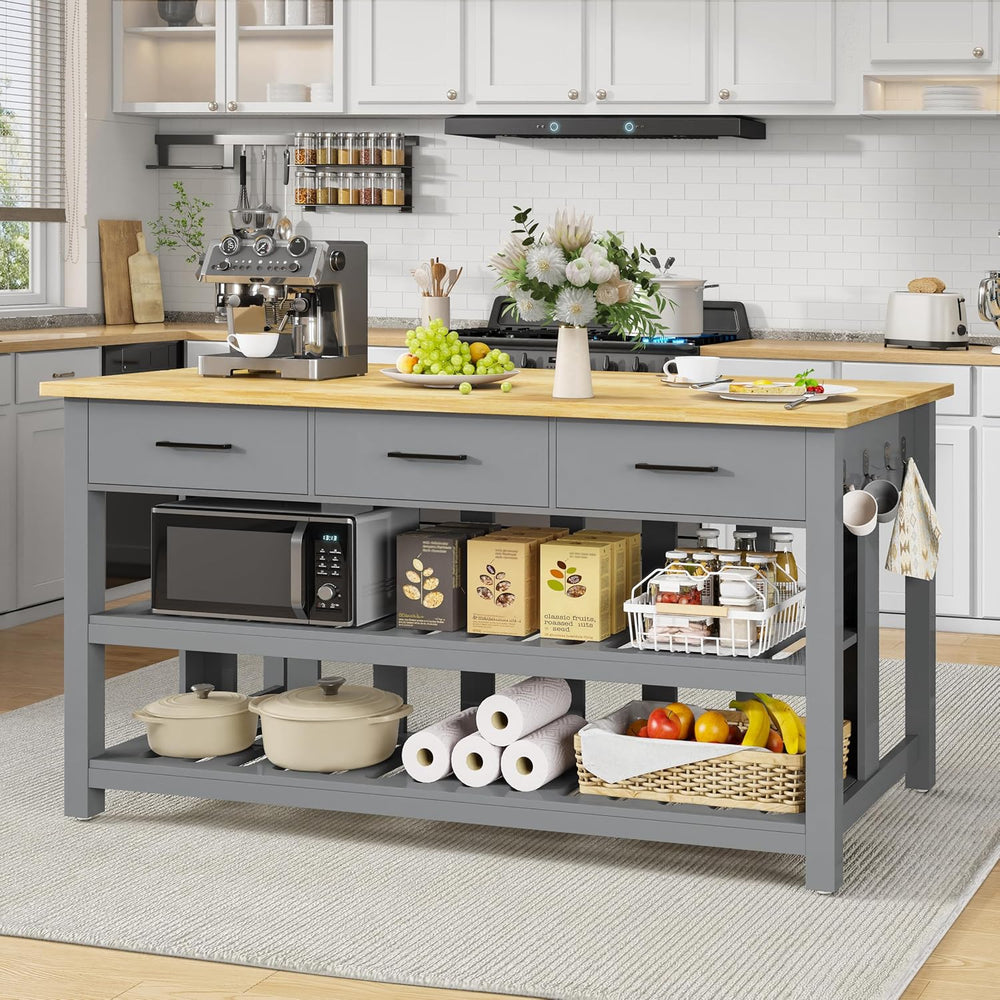 DynJest 60" Solid Rubberwood Kitchen Island with Power Outlets, Hooks, Grey