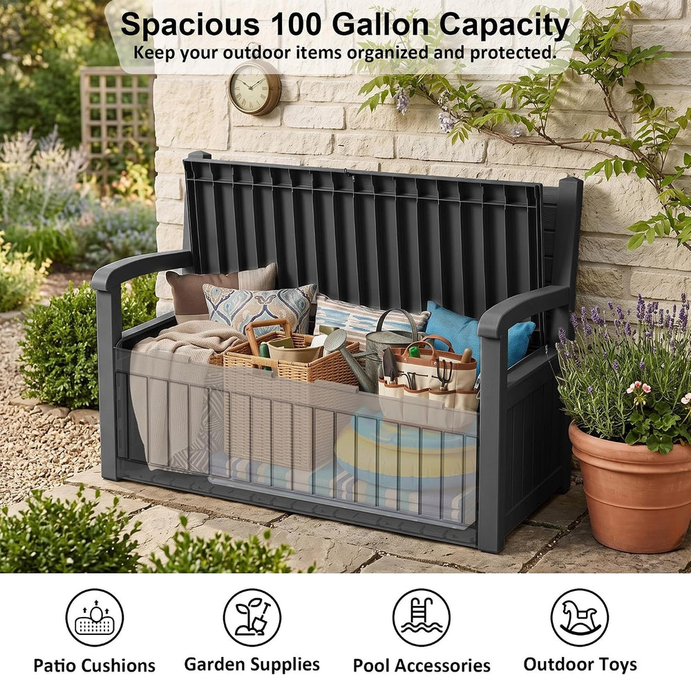 100 Gallon Outdoor Storage Bench,Waterproof Resin Deck Box with Seat Black
