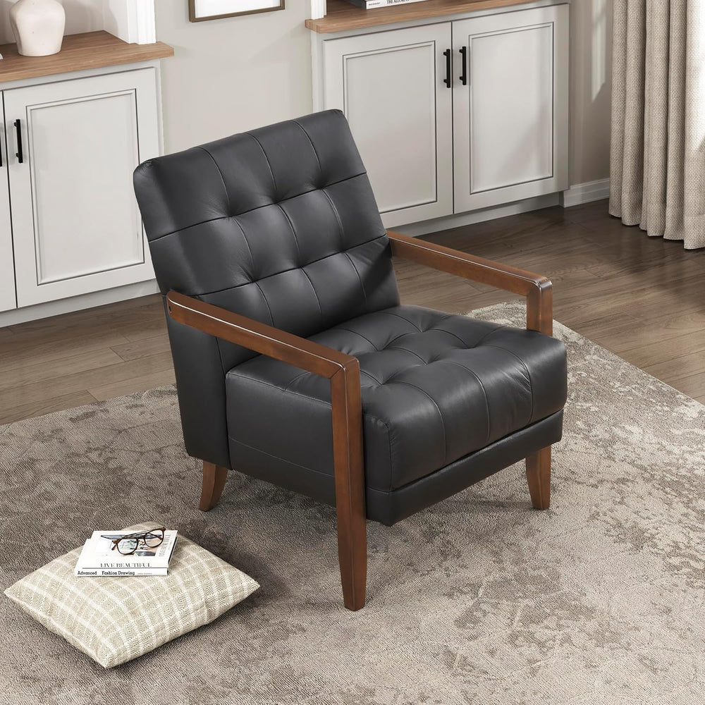 Lexicon Modern Leather Match Accent Chair,Tufted, Solid Wood Arms,Black