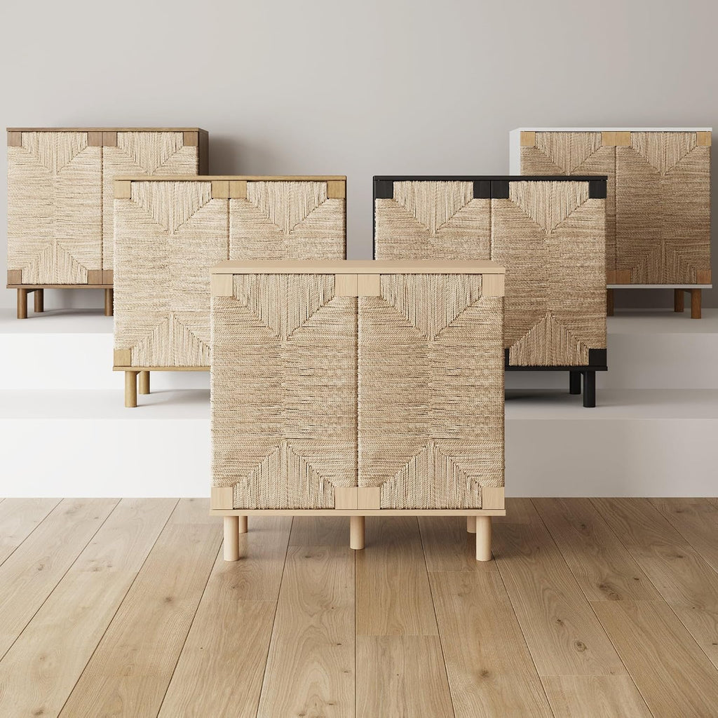 Nathan James Beacon Accent Buffet Sideboard Cabinet, Natural Light Wood Storage with Adjustable Interior Shelf and Seagrass Doors, for Hallway, Entryway or Dining Room, Light Brown