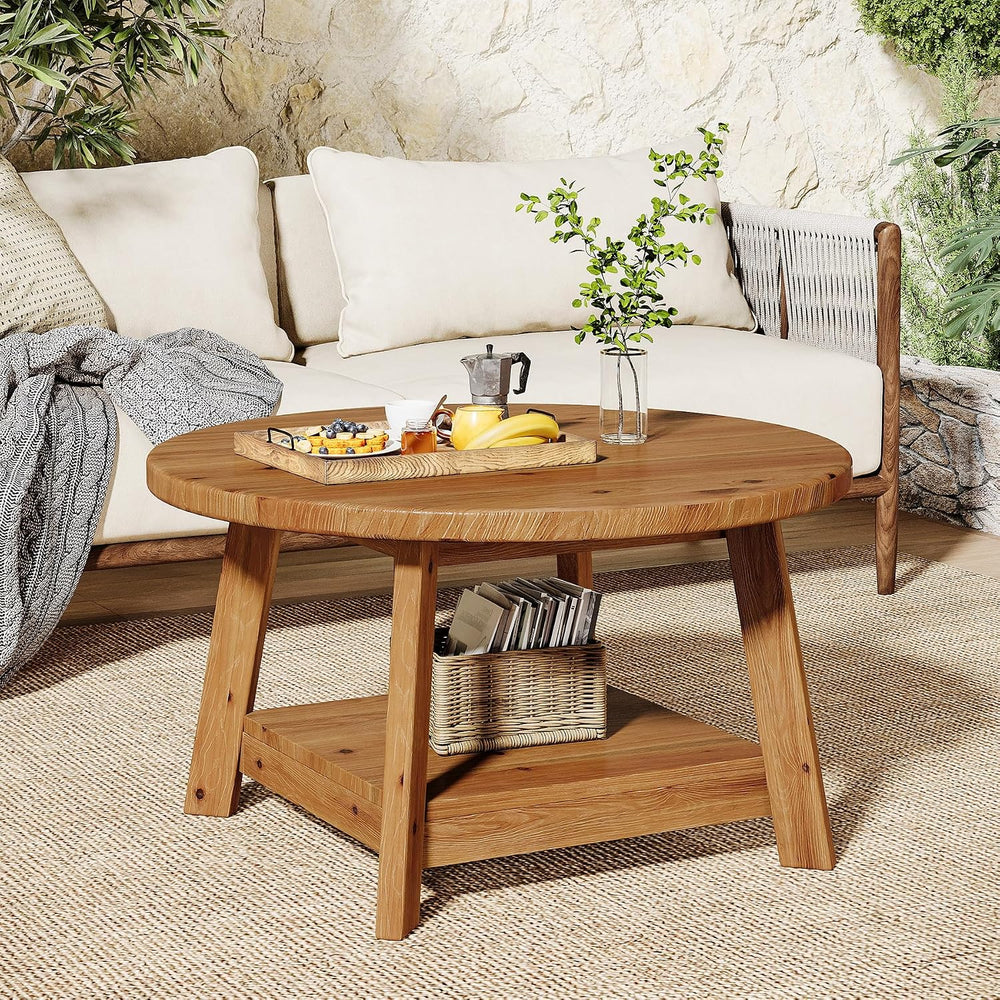 Solid Wood Round Coffee Table for Living Room, 31.5” Farmhouse Wooden 2-Tier ...