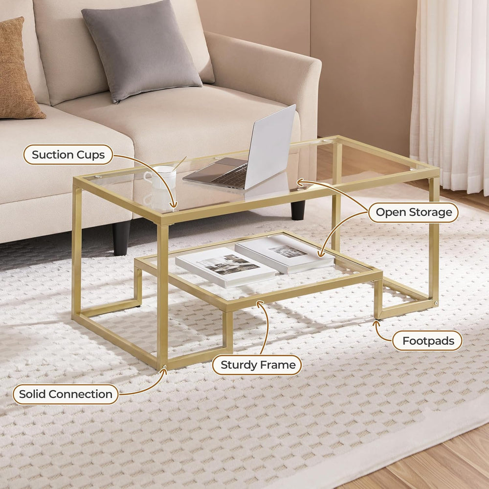 Yaheetech 42" Small Gold Coffee Table for Living Room, 2-Tier Glass Shelf