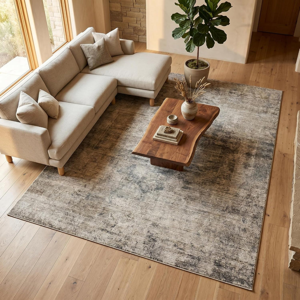 Taupe Brown 7x9 Vintage Rug for Living Room, Modern Abstract Taupe Earthy Din...