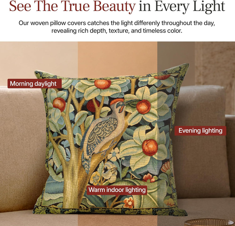 William Morris Woodpecker Right Tapestry Throw Pillow Cover 18 x 18 in