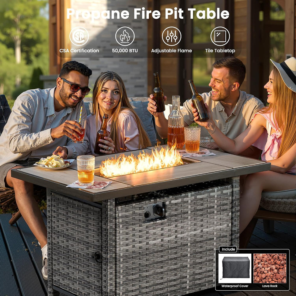 ovios 7 Pieces Patio Furniture Set with Rectangular Fire Pit Table, Swivel Ro...