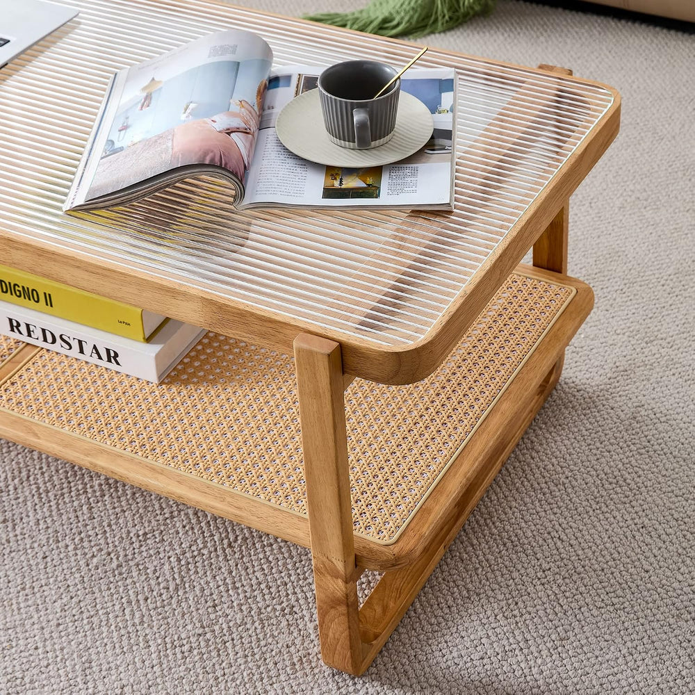 Rattan Coffee Table with Tempered Glass Top,Wood Coffee Table for Living Room...